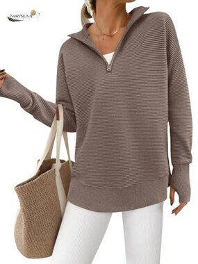 Ribbed Knit Quarter Zip Pullover Sweater with Thumb Holes and V-Neck Collar